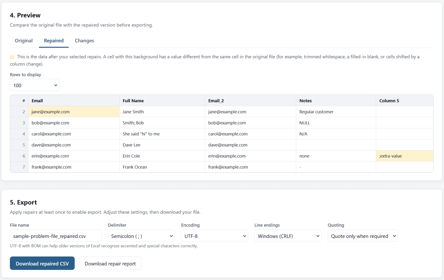CSV Repair Tool preview showing repaired data with highlighted changed cells and export options for filename, delimiter, encoding, and line endings