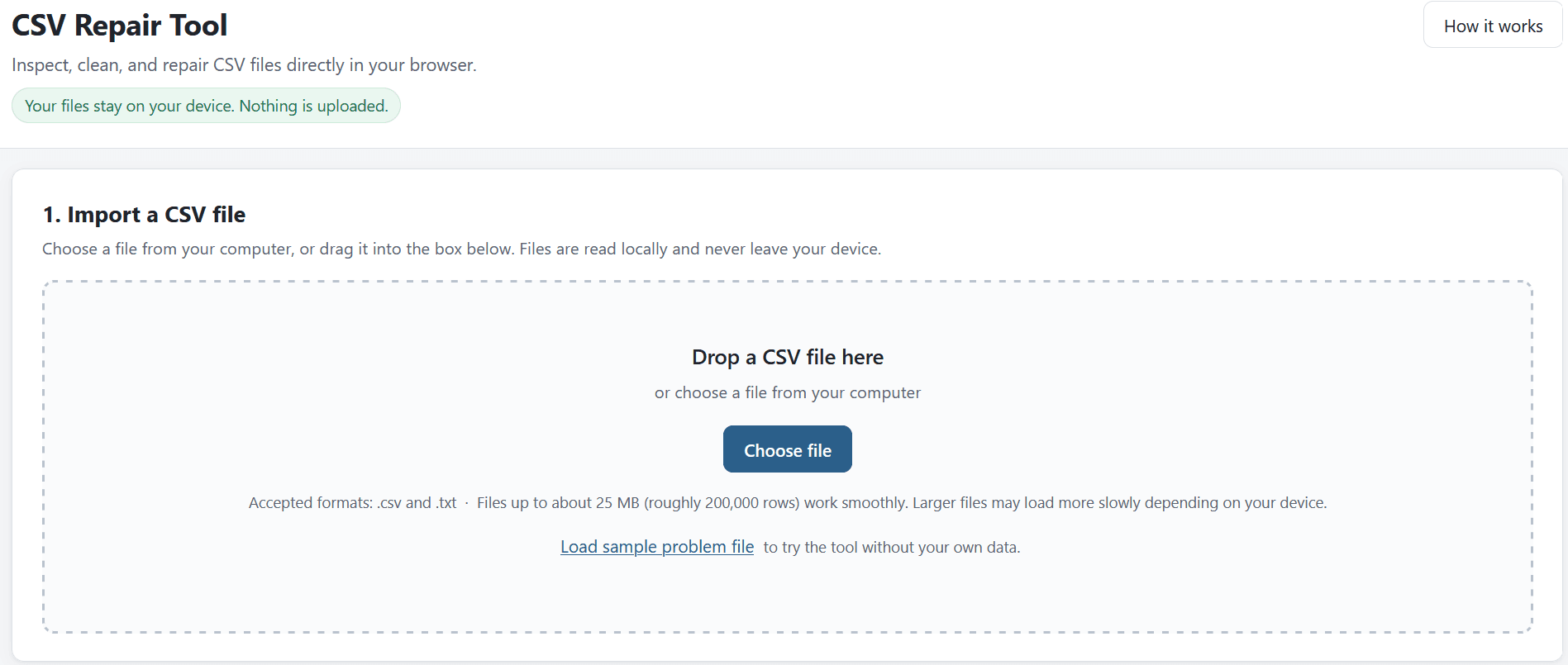 CSV Repair Tool import screen with drag-and-drop file upload and a sample problem file link