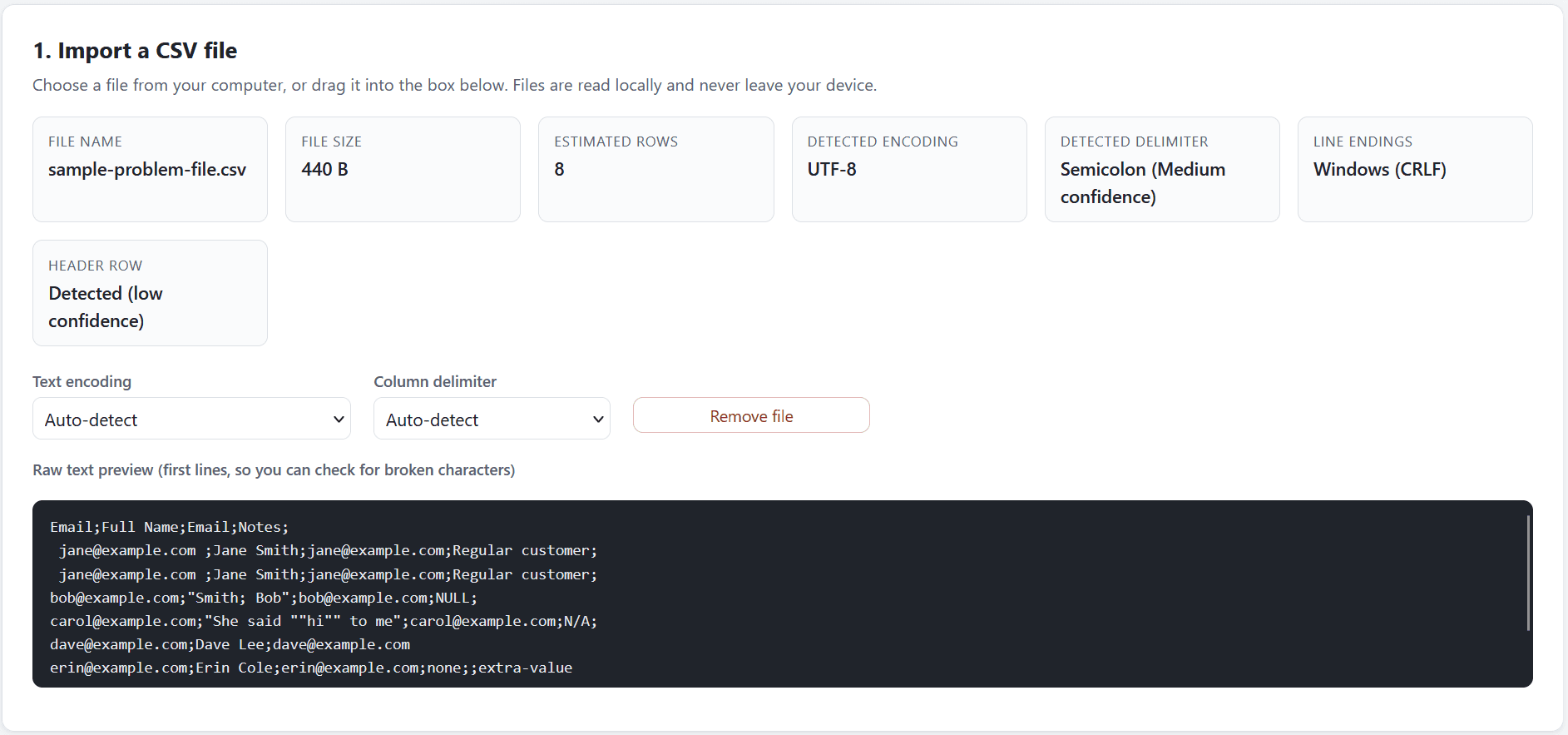 CSV Repair Tool file details showing detected encoding, delimiter, line endings, and a raw text preview for spotting broken characters