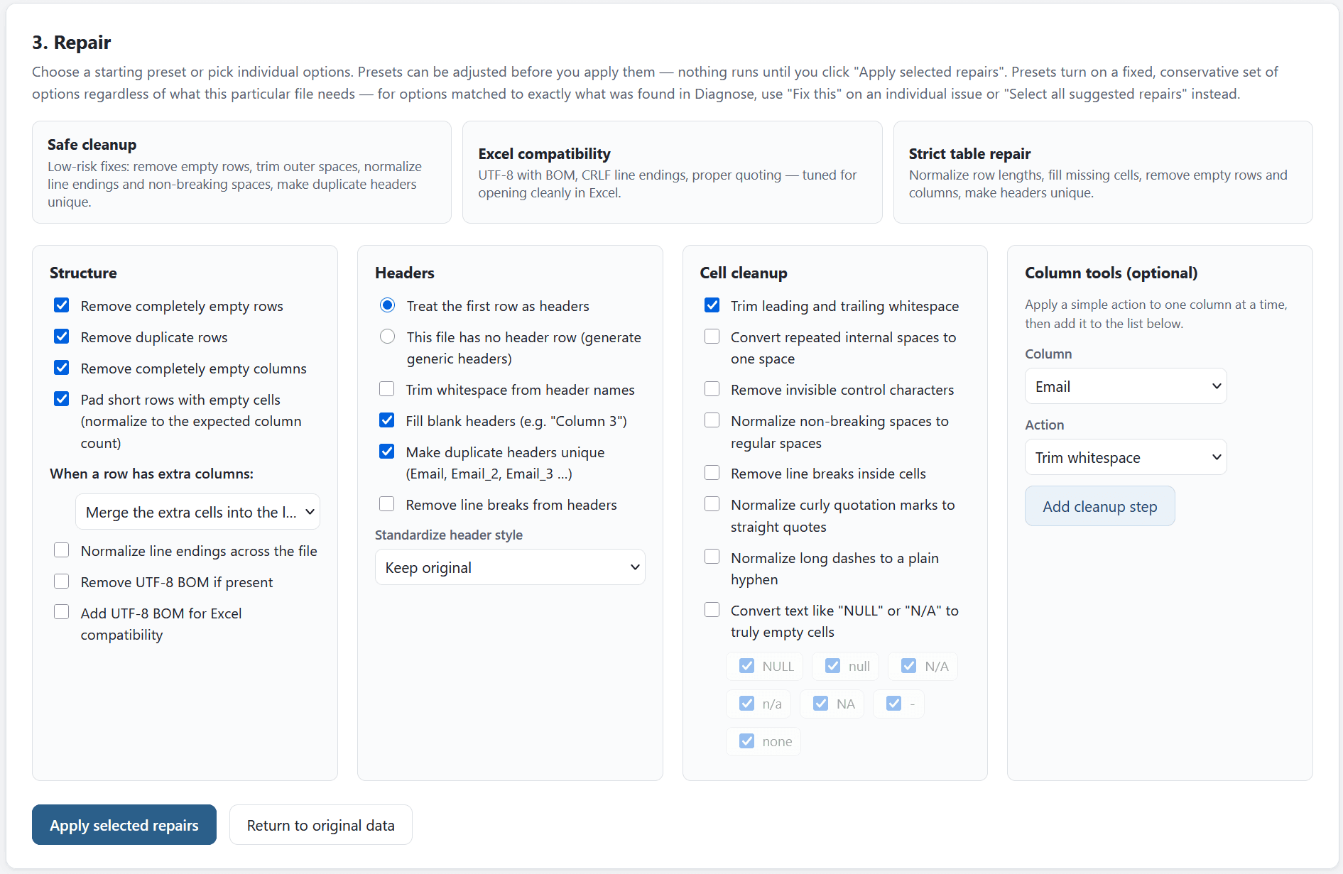 CSV Repair Tool repair options including Safe Cleanup, Excel Compatibility, and Strict Table Repair presets plus individual structure, header, and cell cleanup settings