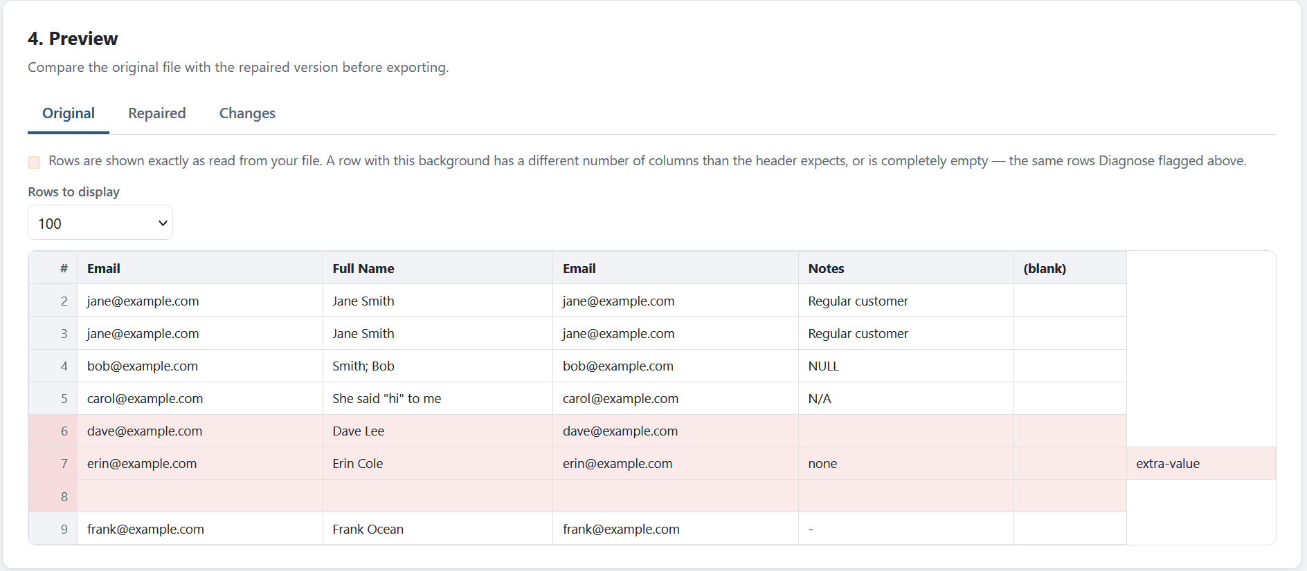 CSV Repair Tool preview comparing original and repaired data with flagged rows highlighted