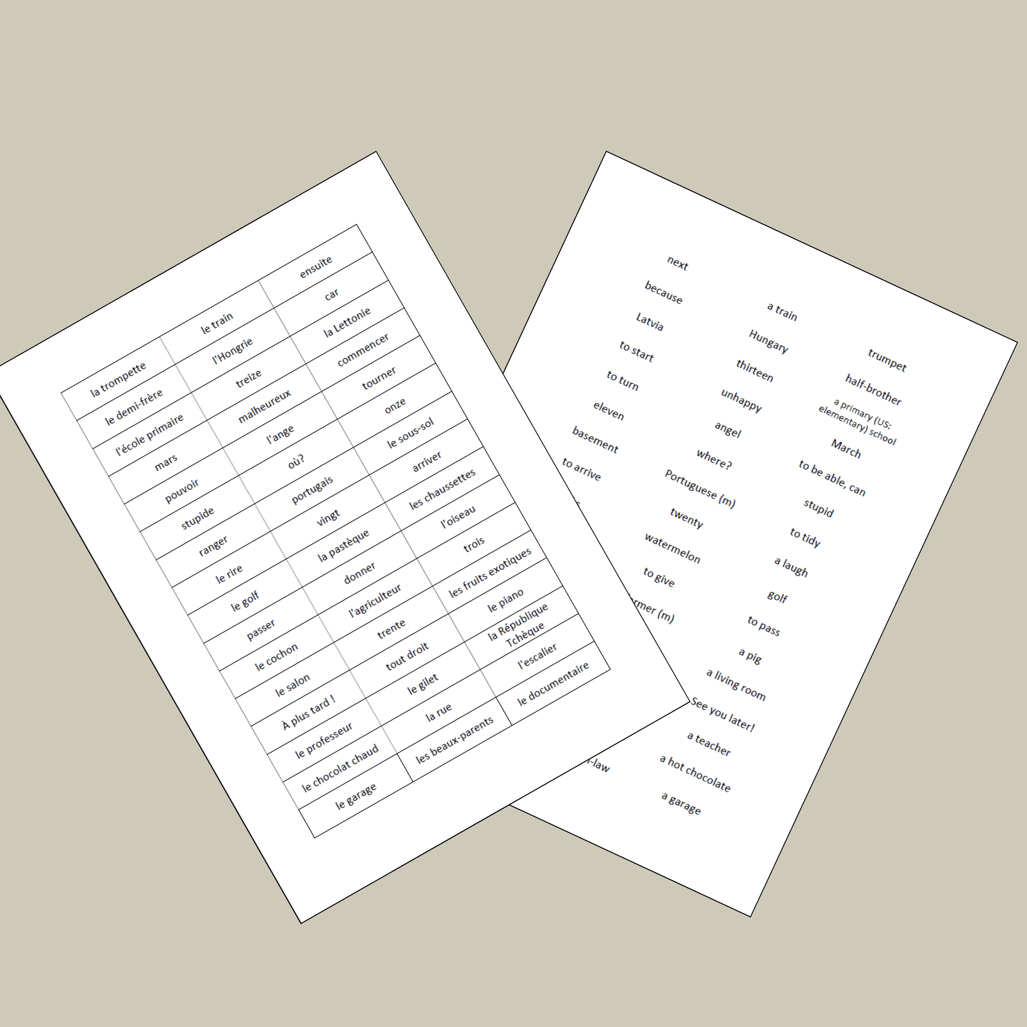 Printable French flashcards showing French vocabulary on one sheet and matching English translations on the back sheet