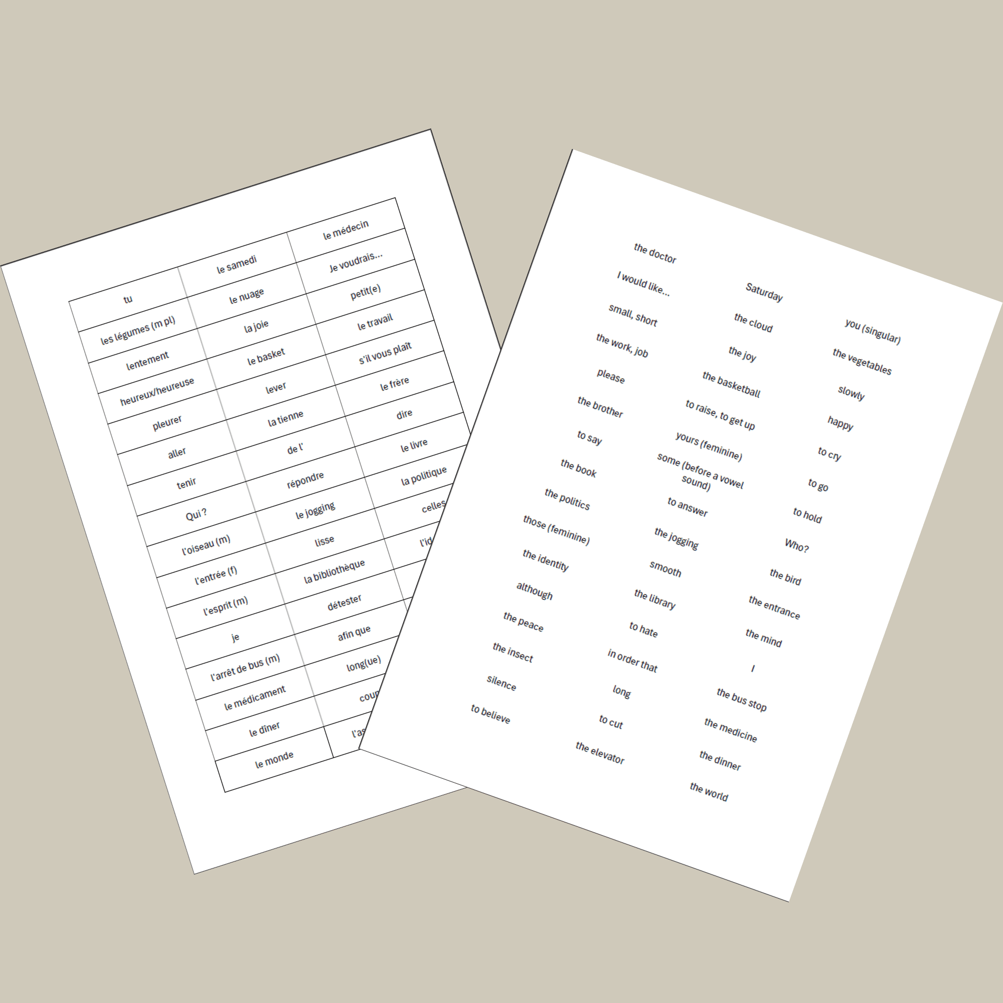 Second page of printable French flashcards with more French vocabulary and English translations for cutting apart