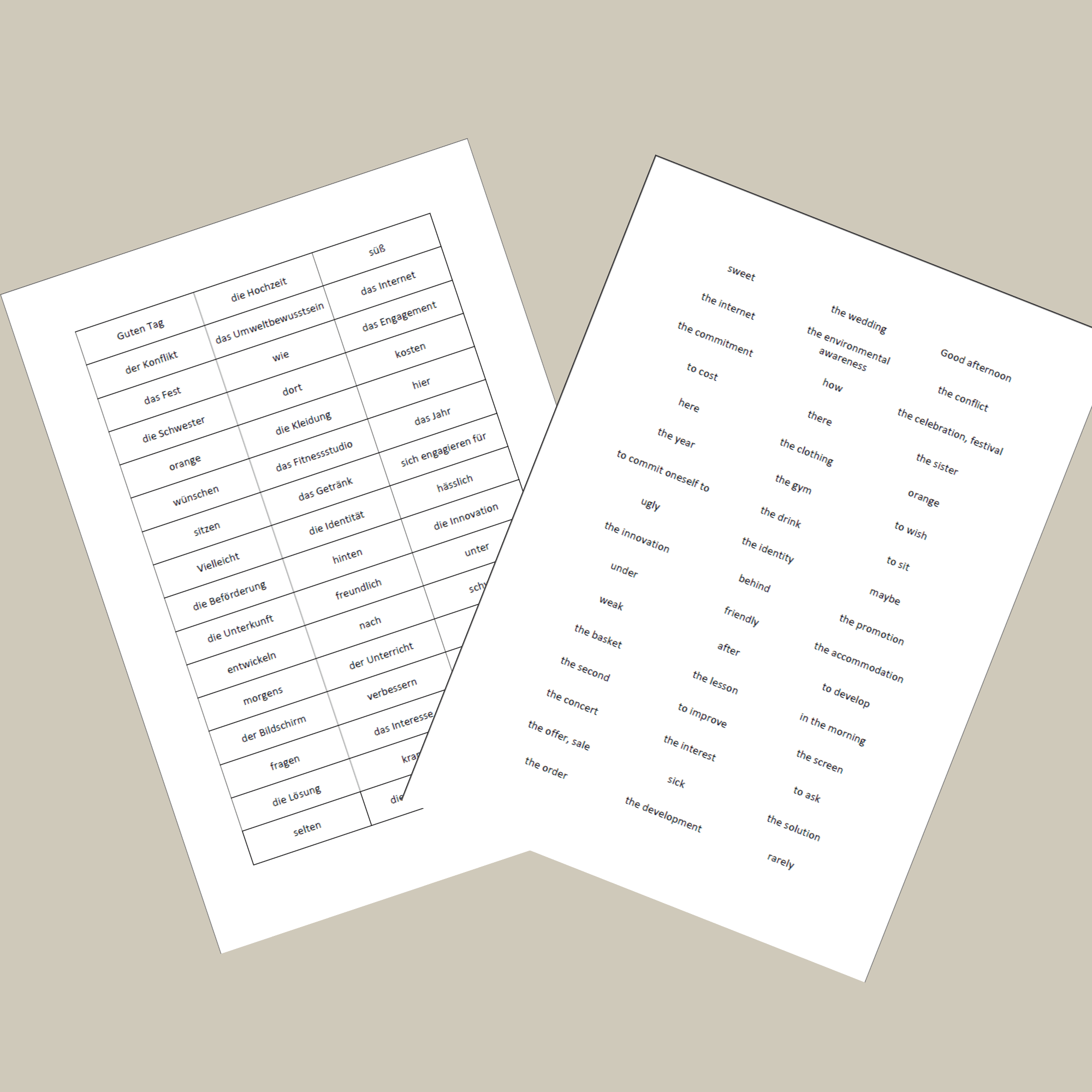Printable German flashcards showing German vocabulary on one sheet with matching English translations on the back sheet, ready to print and cut apart