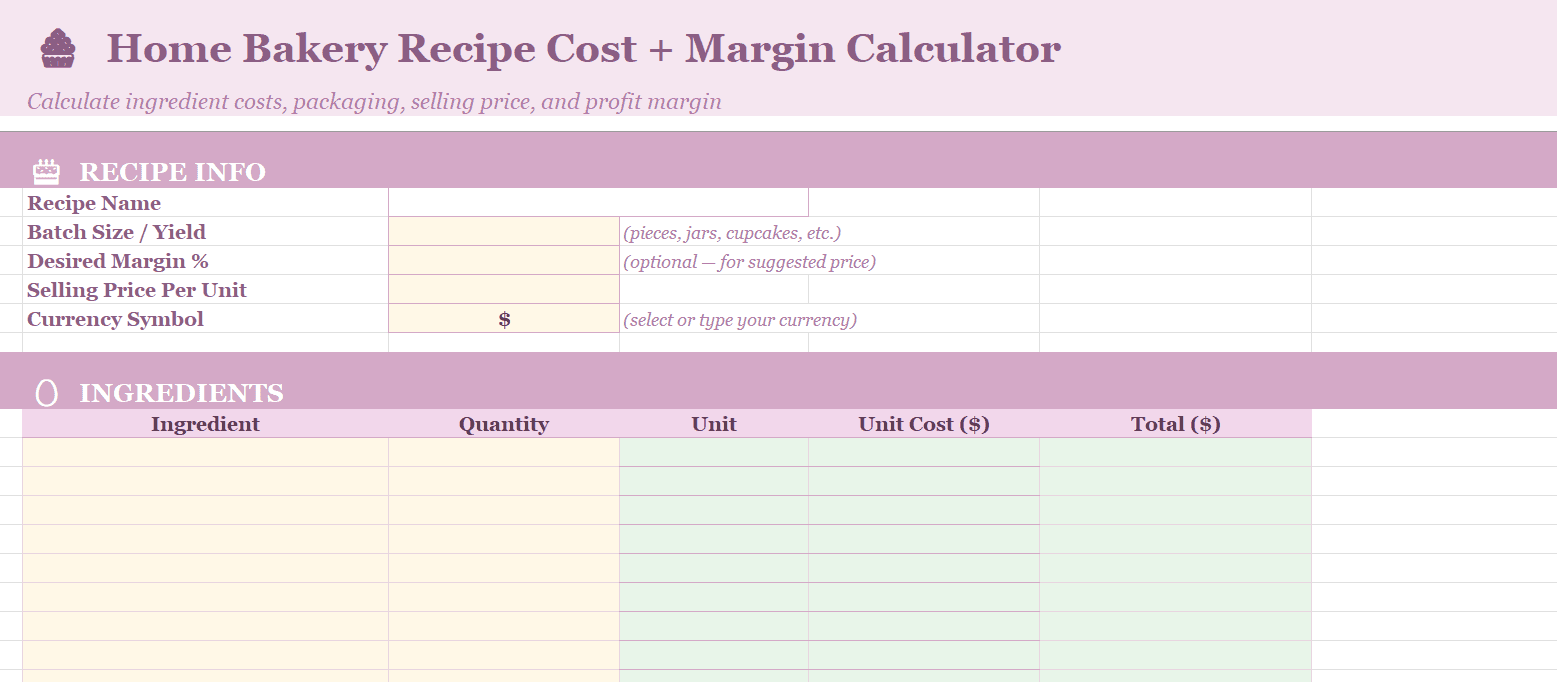 Home Bakery Recipe Cost and Margin Calculator recipe info section for entering batch size, desired margin, and selling price