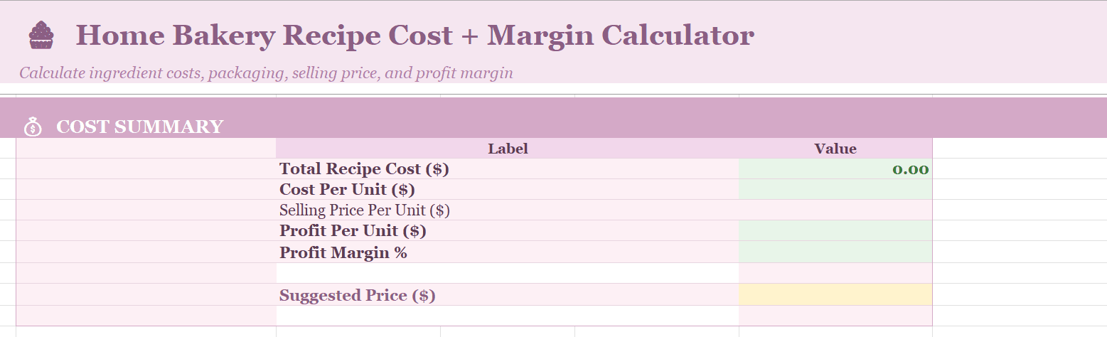 Home Bakery Pricing Calculator cost summary showing total recipe cost, cost per unit, profit per unit, and suggested price