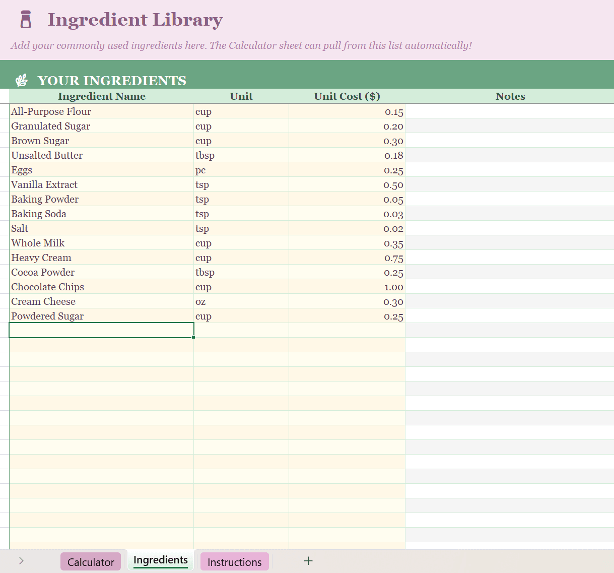 Home Bakery Pricing Calculator ingredient library listing common baking ingredients with unit costs that auto-fill the calculator