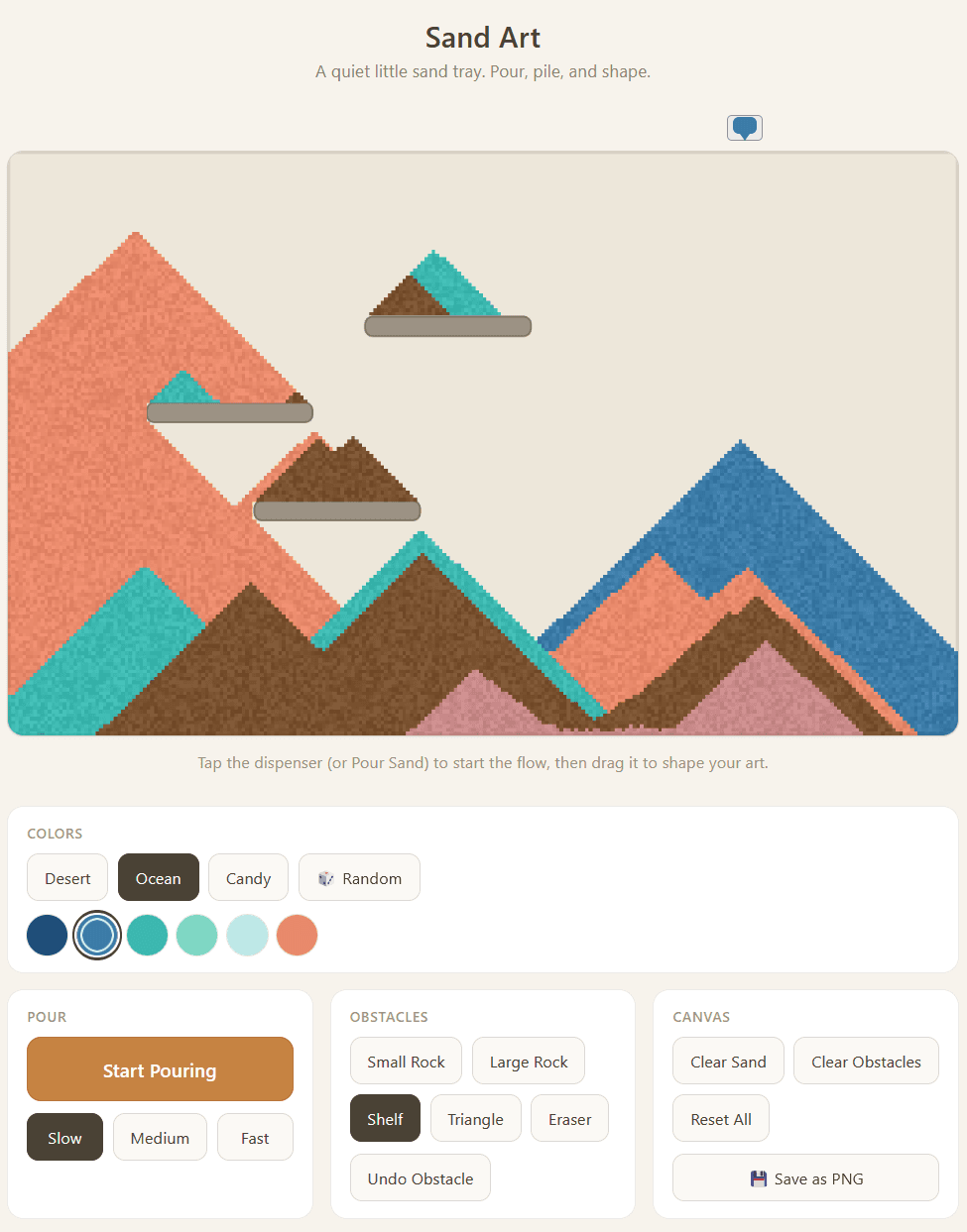 Sand Art Toy tray with an Ocean palette selected, showing colorful layered mountain shapes built around rock, shelf, and triangle obstacles