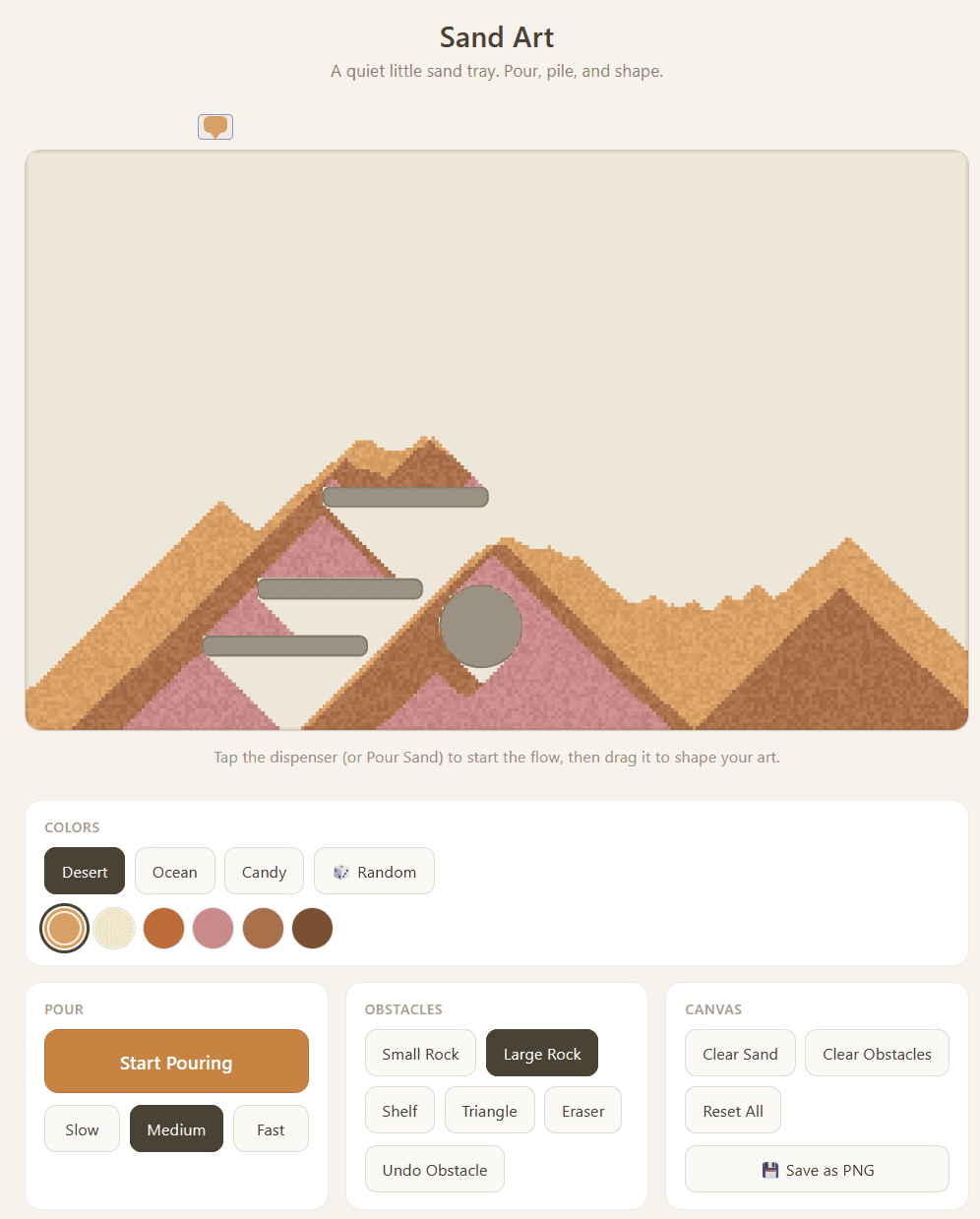 Sand Art Toy tray with a Desert palette selected, showing sand piled into peaks around shelf and rock obstacles, with pour speed and color controls below