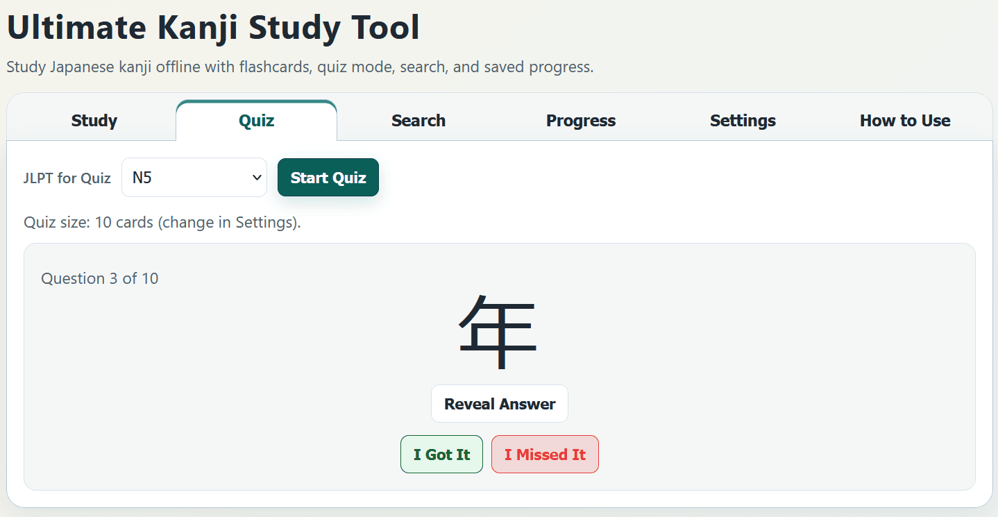 Japanese Kanji Study Tool quiz mode showing a question with a kanji character and I Got It or I Missed It buttons