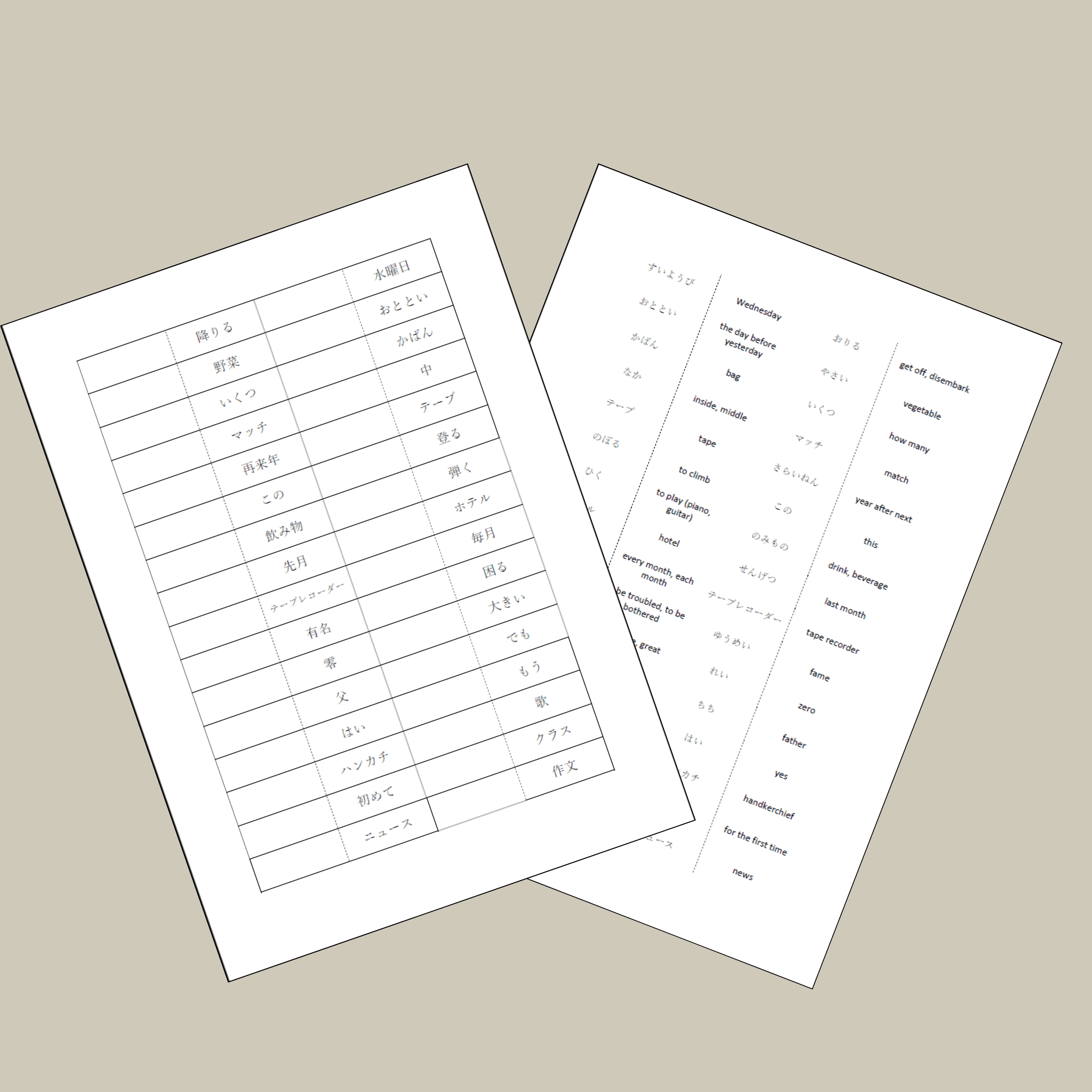 Printable Japanese flashcards showing vocabulary words in Japanese with matching English translations on the back sheet