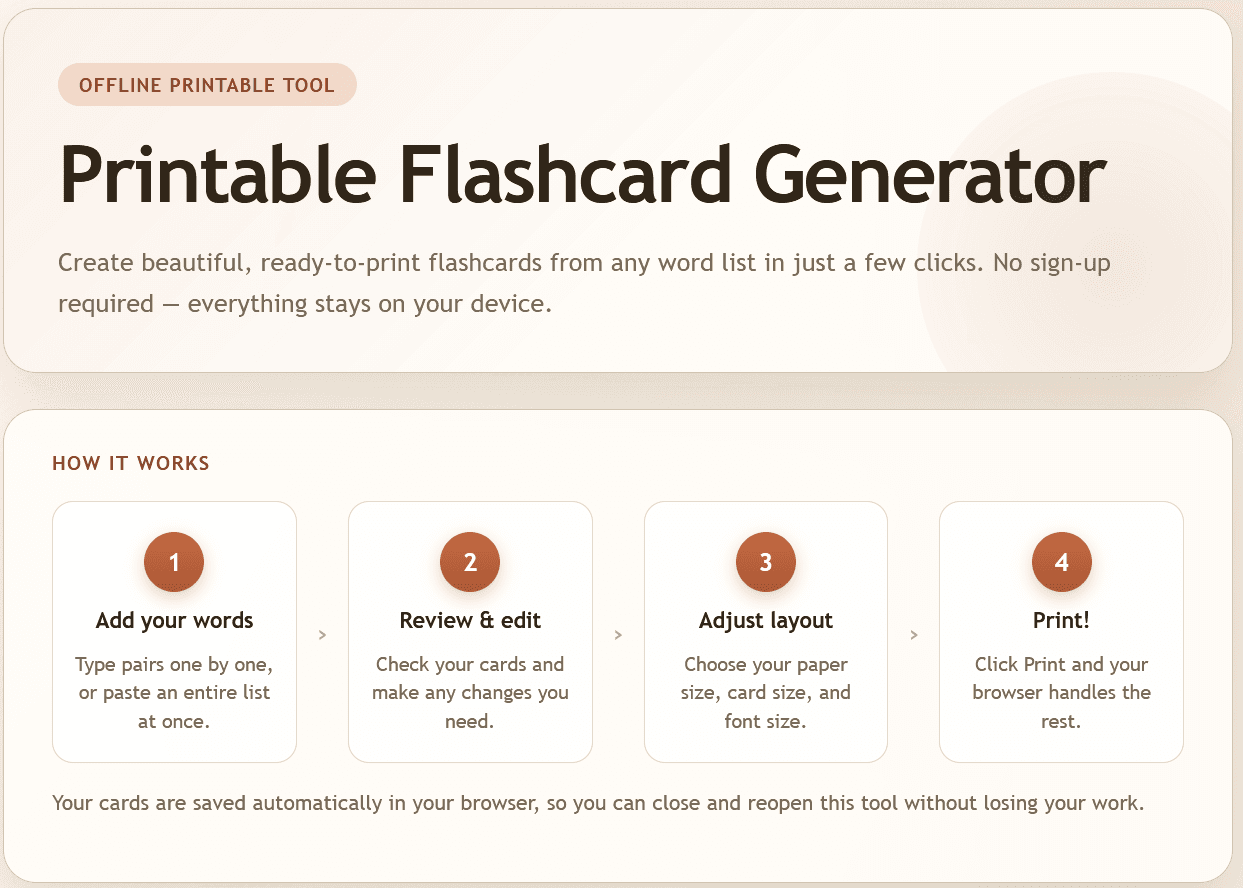 Printable Flashcard Generator homepage showing the four-step process: add words, review and edit, adjust layout, and print
