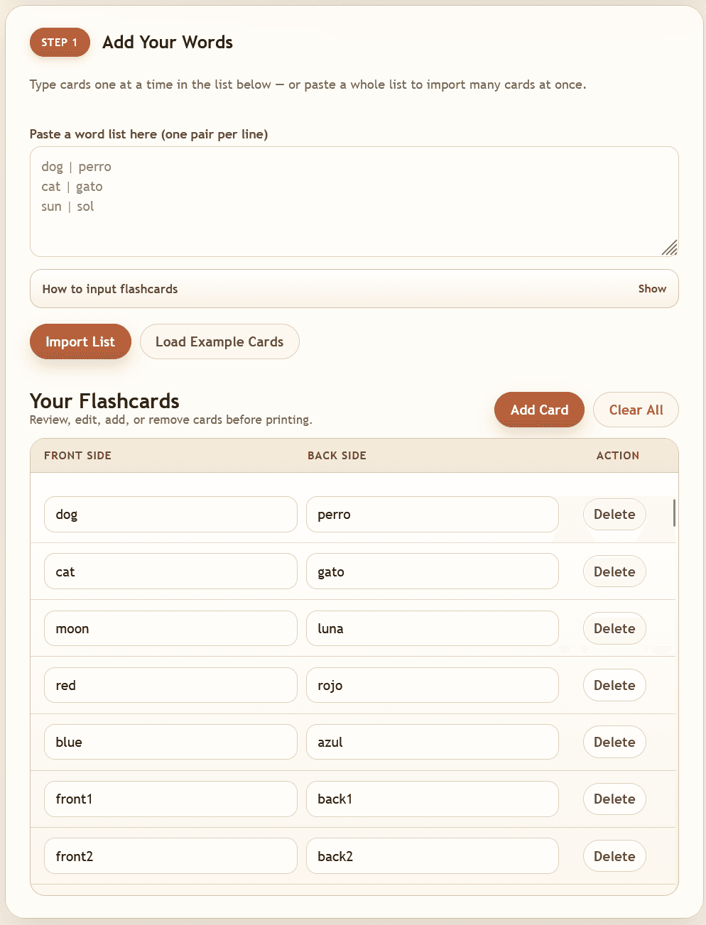 Printable Flashcard Generator word list editor showing front and back text fields for each flashcard pair with Import List and Add Card buttons