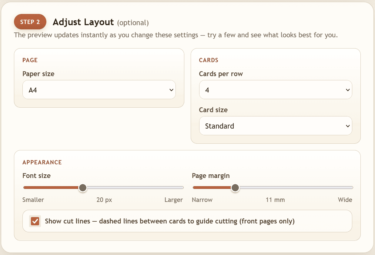 Printable Flashcard Generator layout settings for paper size, cards per row, card size, font size, and page margin