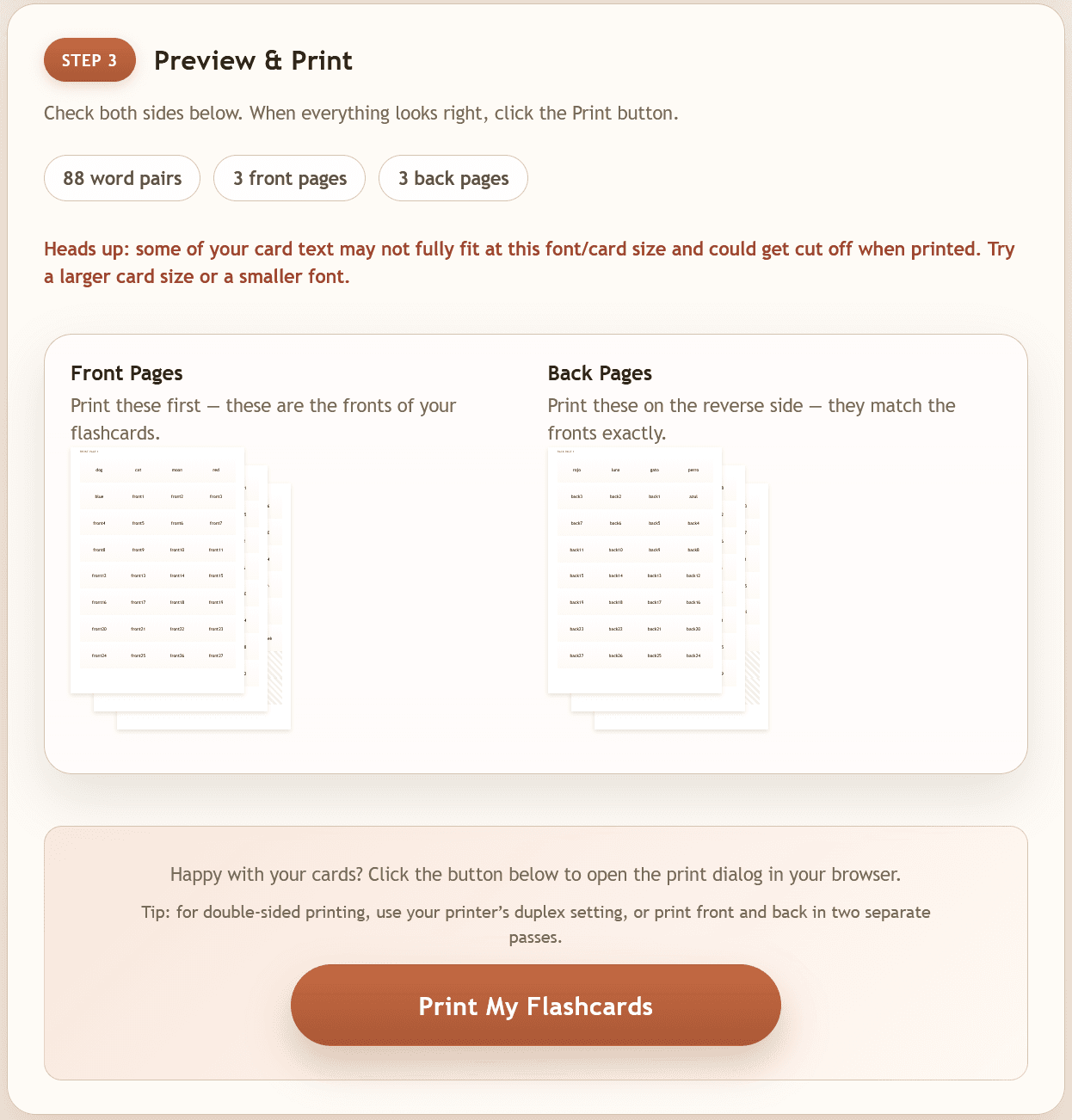 Printable Flashcard Generator print preview showing generated front and back pages ready to print double-sided