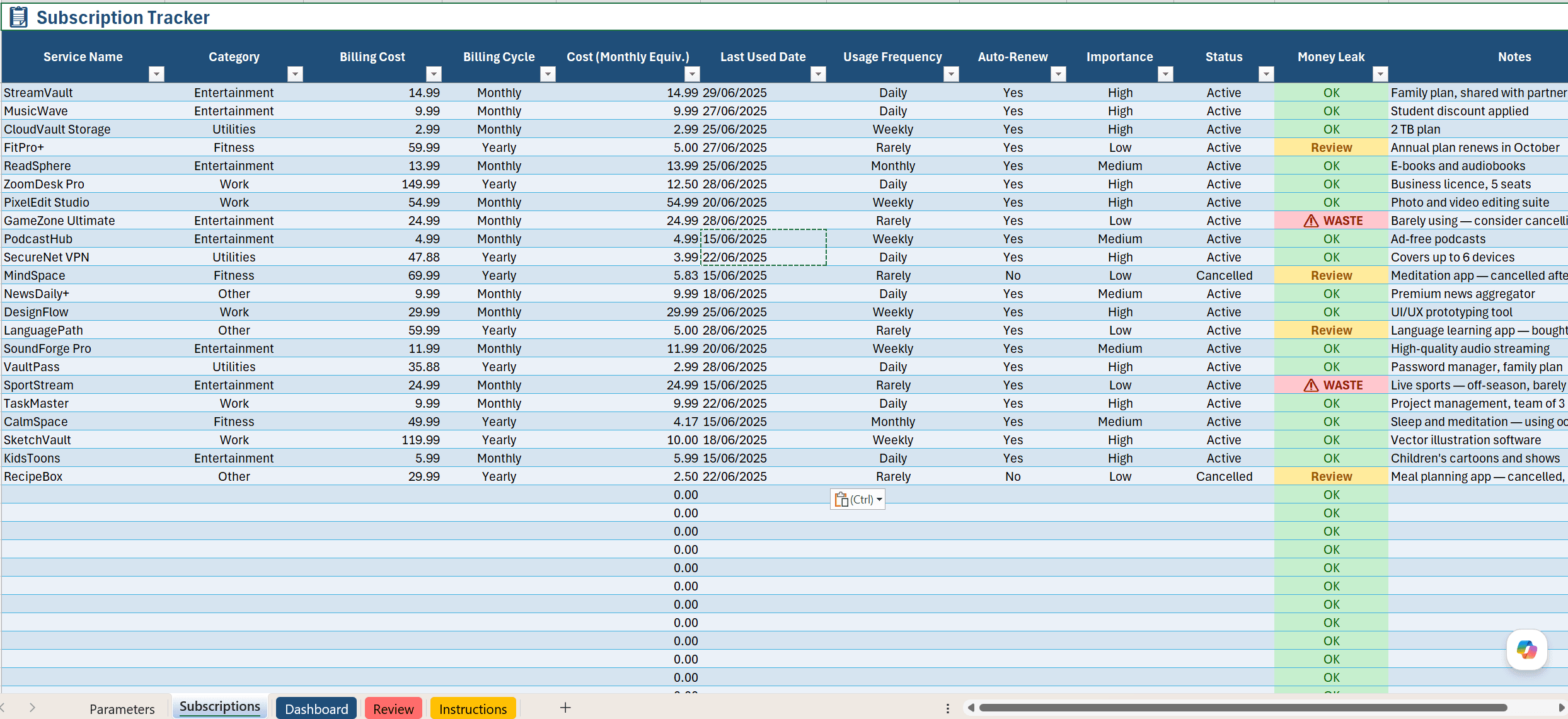 Subscription Tracker spreadsheet listing each subscription with billing cost, cycle, usage frequency, auto-renew status, and money leak flags